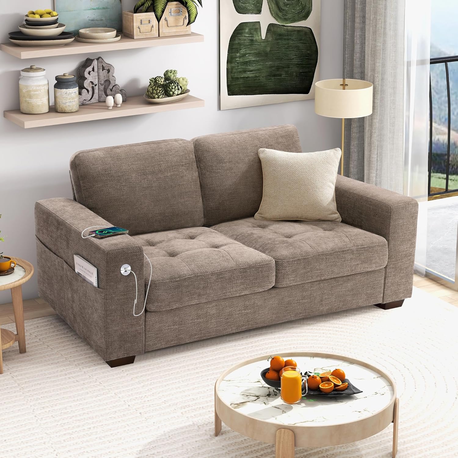 Hanherry 89" Sofa for Living Room, Modern Comfy Sofa with Medium Firm Seat Cushion, Removable Cover,Wide Armrest,USB/Type-C Port,Chenille Fabric Couches for Small Space,Apartment