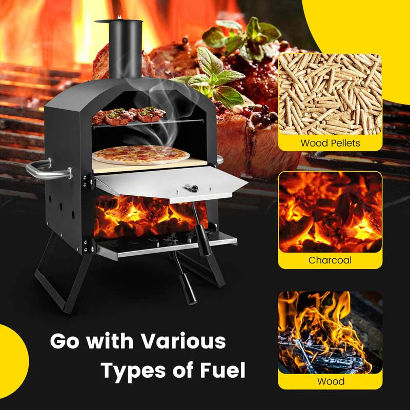 2-Layer Outdoor Pizza Oven Wood Fired for Camping BBQ, Stainless Steel Portable Grill Pizza Maker with Folding Legs