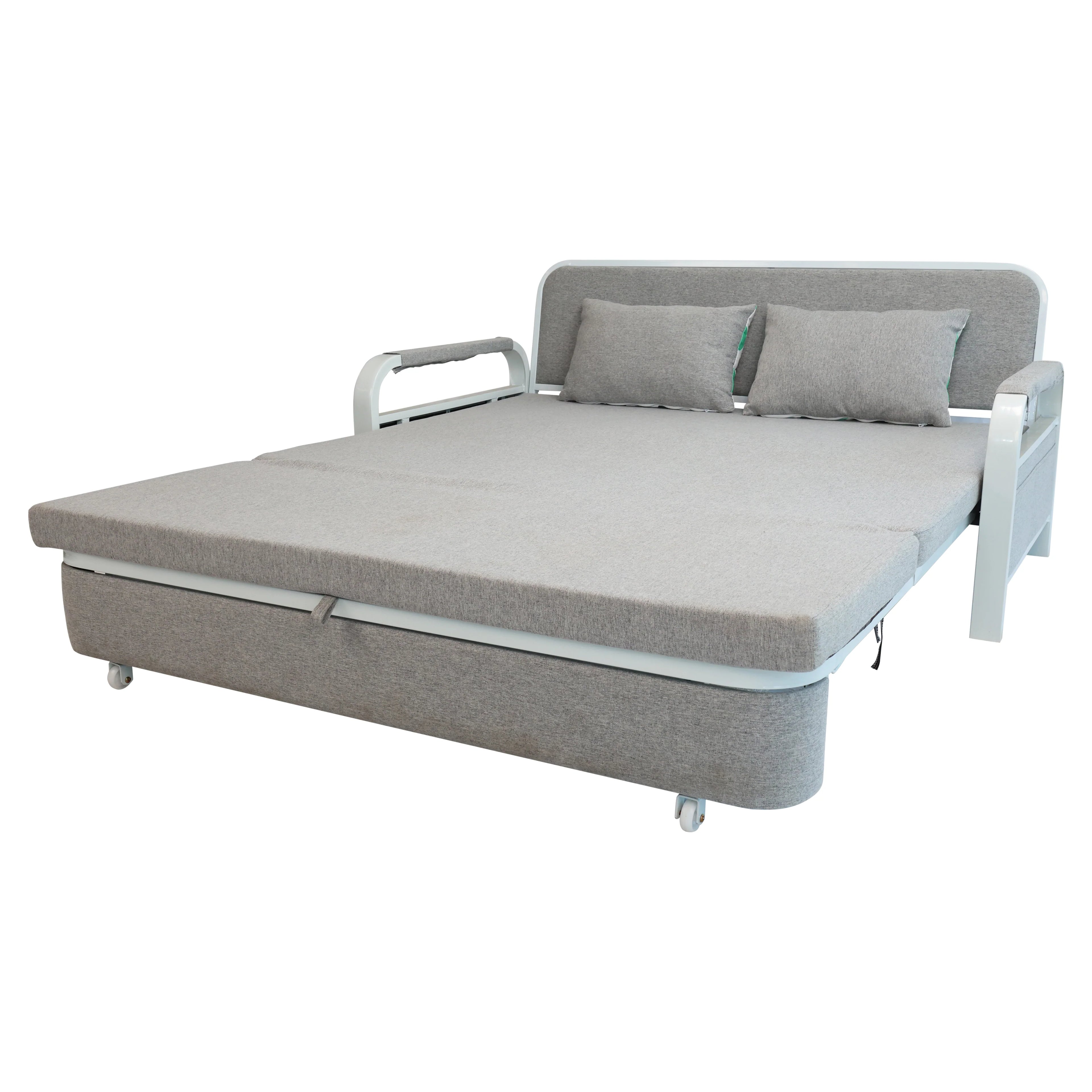 Convertible Sofa Bed with Pillows, Side Pockects and Storage Compartment, Carbon Steel and Linen Cotton