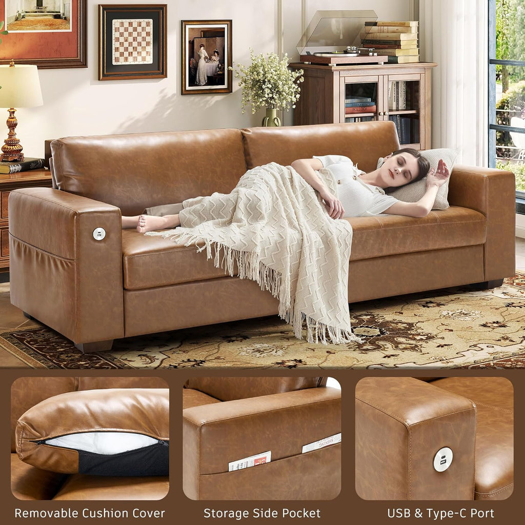 Hanherry 89" Sofa for Living Room, Modern Comfy Sofa with Medium Firm Seat Cushion, Removable Cover,Wide Armrest,USB/Type-C Port,Chenille Fabric Couches for Small Space,Apartment