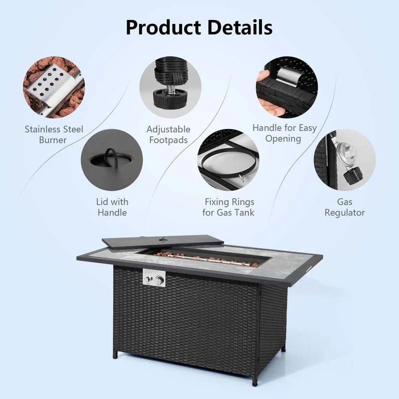 52" 50000 BTU Rattan Outdoor Propane Gas Fire Pit Table with Marble Tabletop, Lava Rocks & PVC Cover