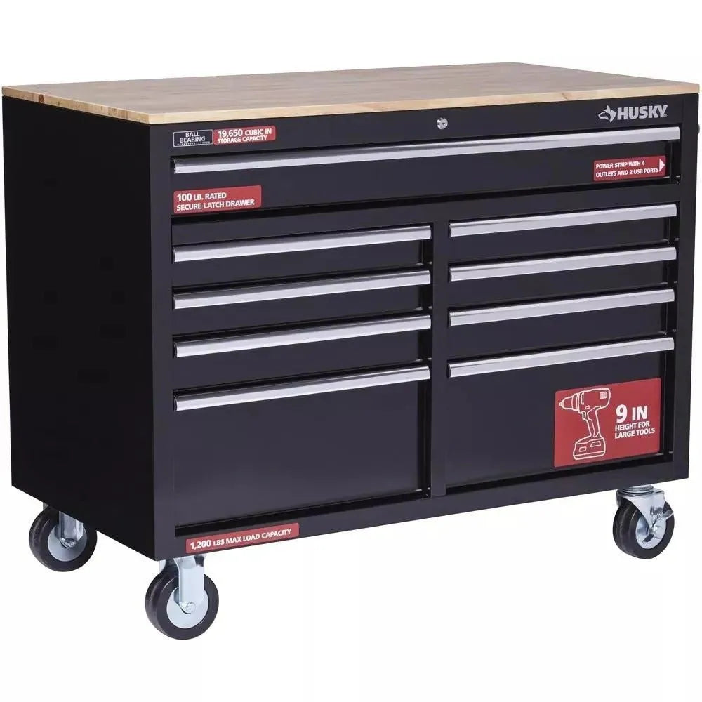 Gloss Black 46′′ 9-Drawer Mobile Tool Chest Workbench with Wood Top & Power Strip