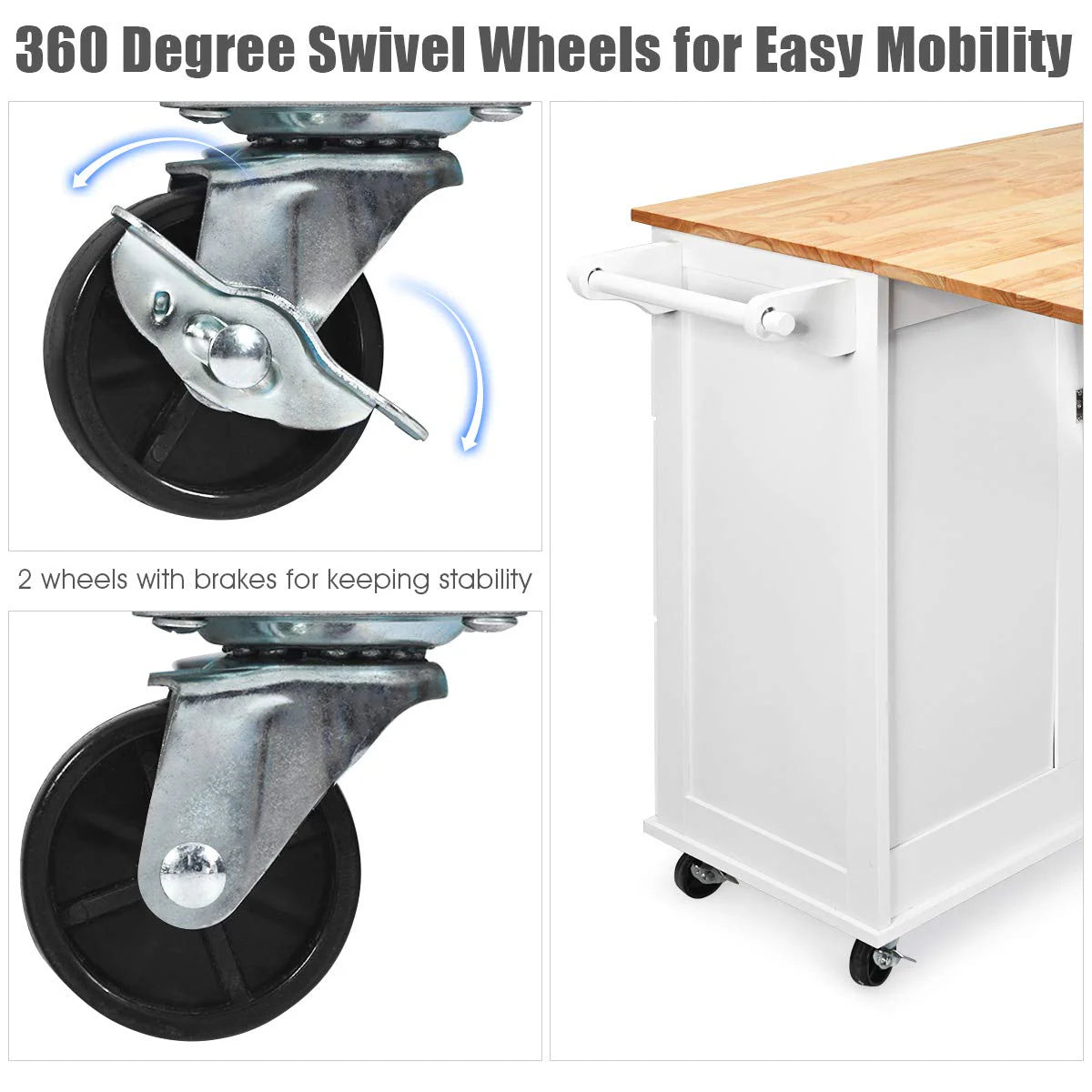 Giantex Kitchen Island Cart, Large Trolley Cart w/ Drop-Leaf Tabletop, Large Cabinet, 3 Drawers, Spice Rack, Towel Rack, Rolling Serving Trolley Cabinet