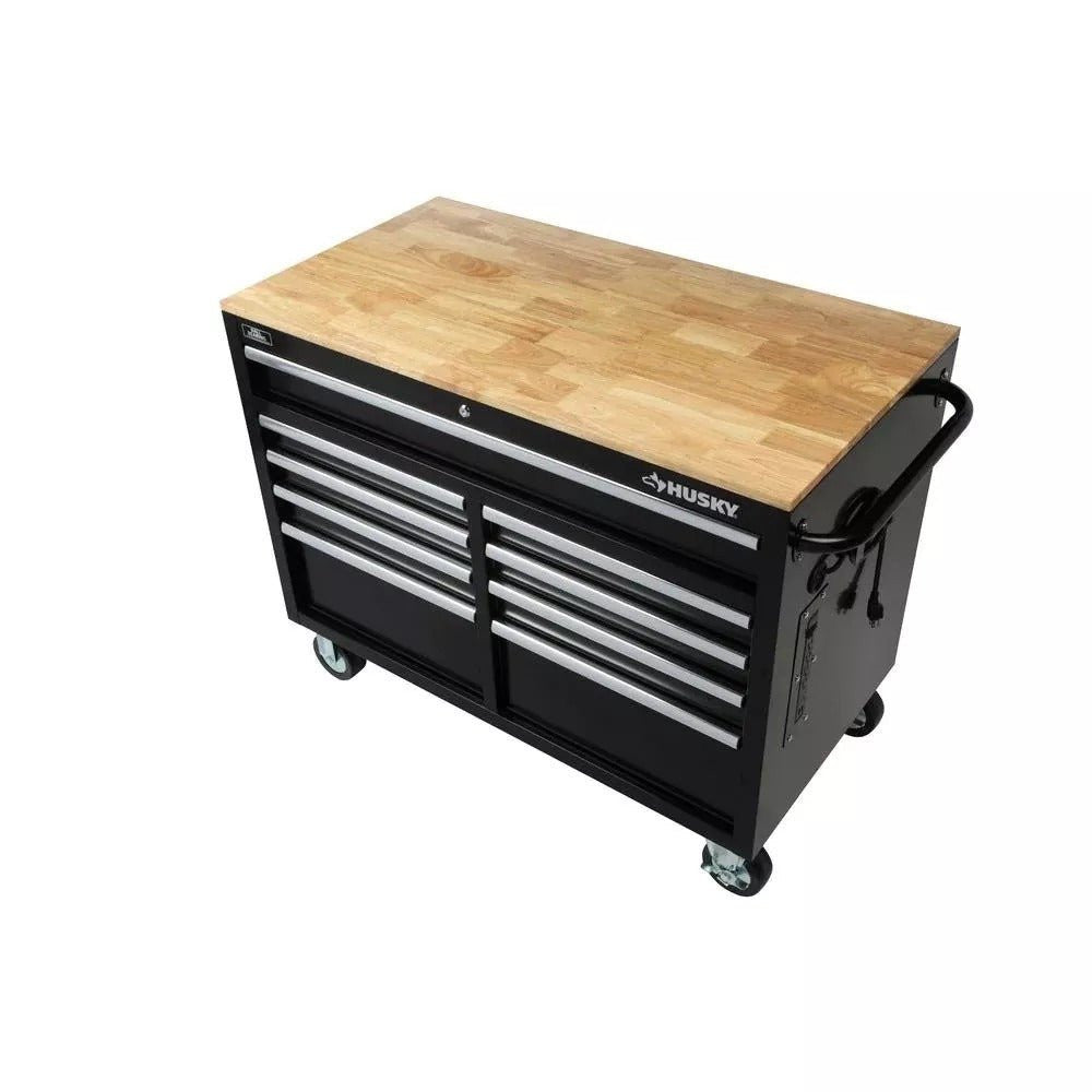 Gloss Black 46′′ 9-Drawer Mobile Tool Chest Workbench with Power Strip & Solid Wood Top