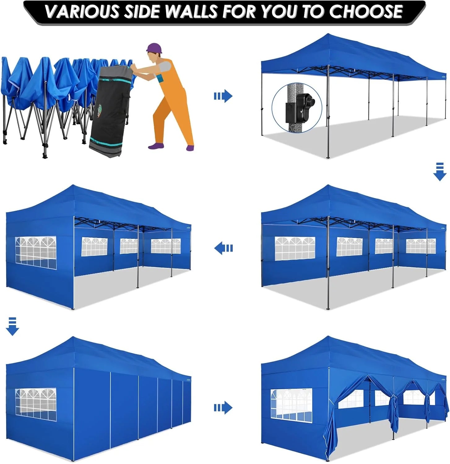 COBIZI 10x20 Heavy Duty Pop up Canopy Tent with 6 sidewalls Easy Up Commercial Outdoor Canopy Wedding Party Tents for Parties All Season Wind & Waterproof Gazebo with Roller Bag,Black(Frame Thickened)