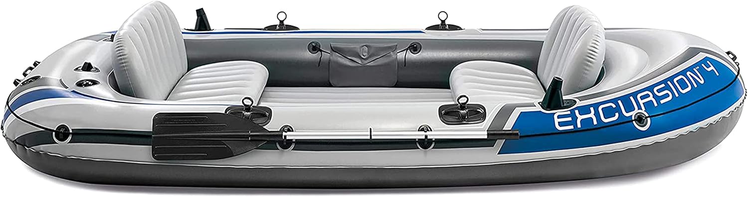 INTEX Excursion Inflatable Boat Series: Includes Deluxe 54in Boat Oars and High-Output Pump �C SuperTough PVC �C Adjustable Seats with Backrest �C Fishing Rod Holders �C Welded Oar Locks