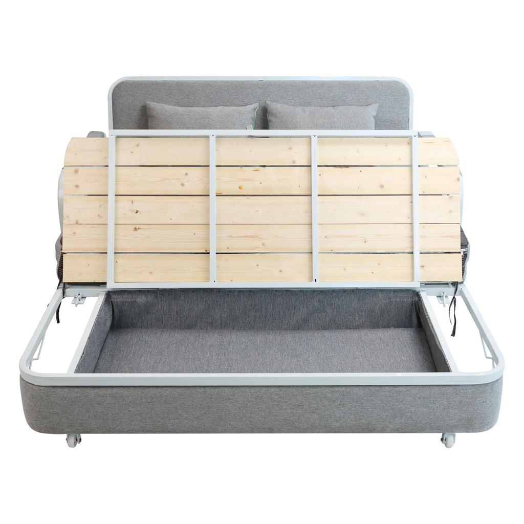 Convertible Sofa Bed with Pillows, Side Pockects and Storage Compartment, Carbon Steel and Linen Cotton