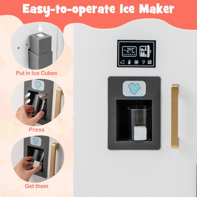 Wooden Kids Kitchen Playset with Chalkboard Ice Maker Sink Lighted Microwave