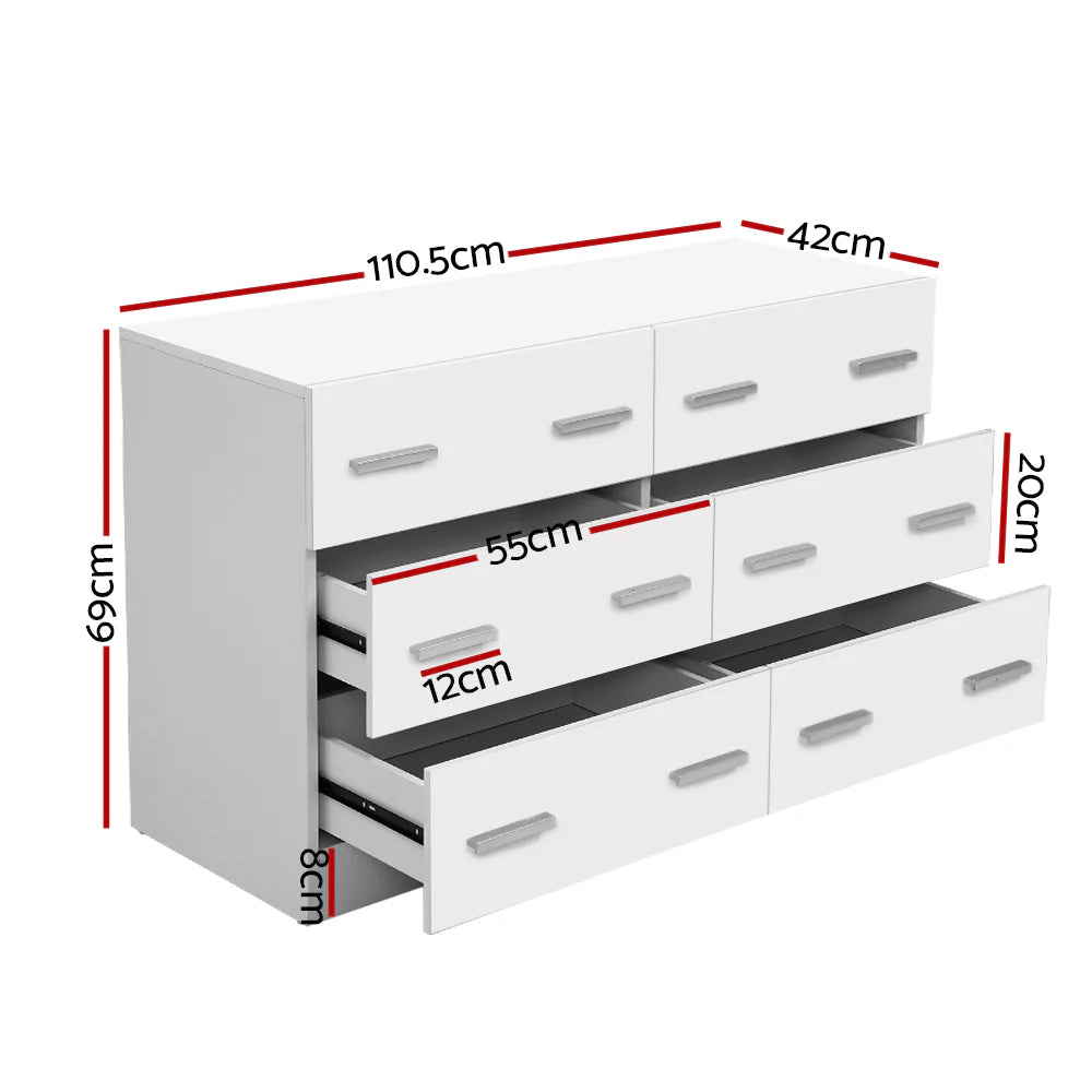Stylish White 6-Drawer Lowboy Chest - Artiss VEDA