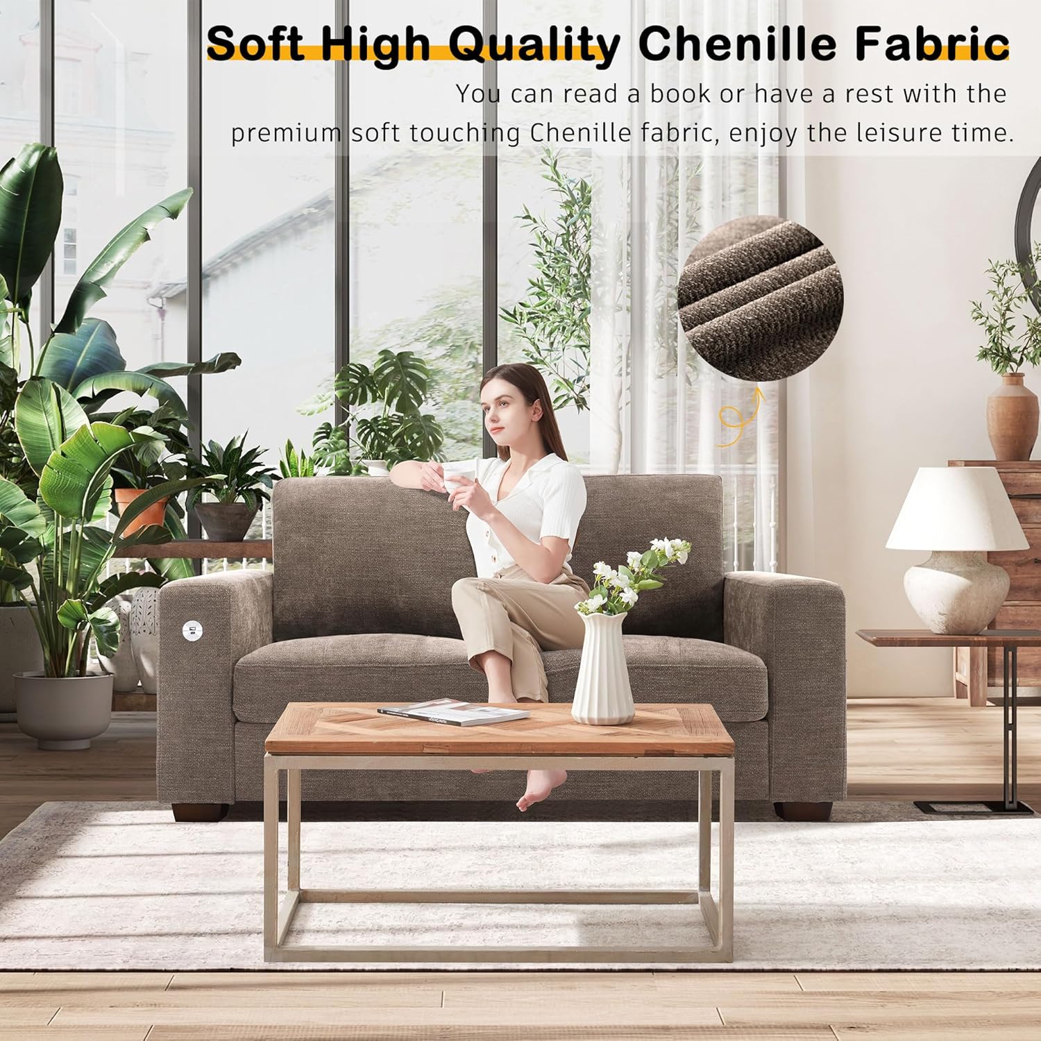 Hanherry 89" Sofa for Living Room, Modern Comfy Sofa with Medium Firm Seat Cushion, Removable Cover,Wide Armrest,USB/Type-C Port,Chenille Fabric Couches for Small Space,Apartment