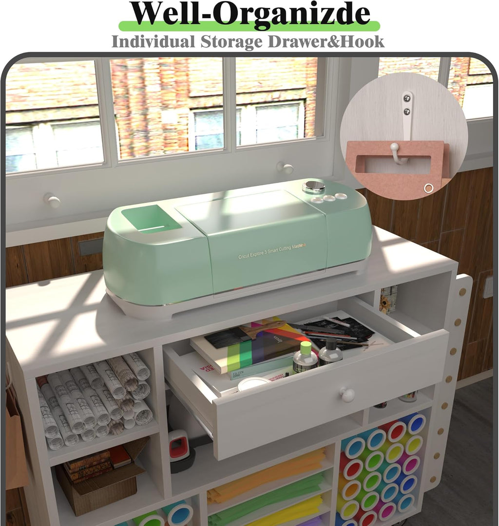 Craft organization and storage Cart Compatible with Cricut Machine, Rolling Craft Organizer With large drawer & 48 Vinyl Roll Holder, Crafting Cabinet Table Workstation for Craft Room Home