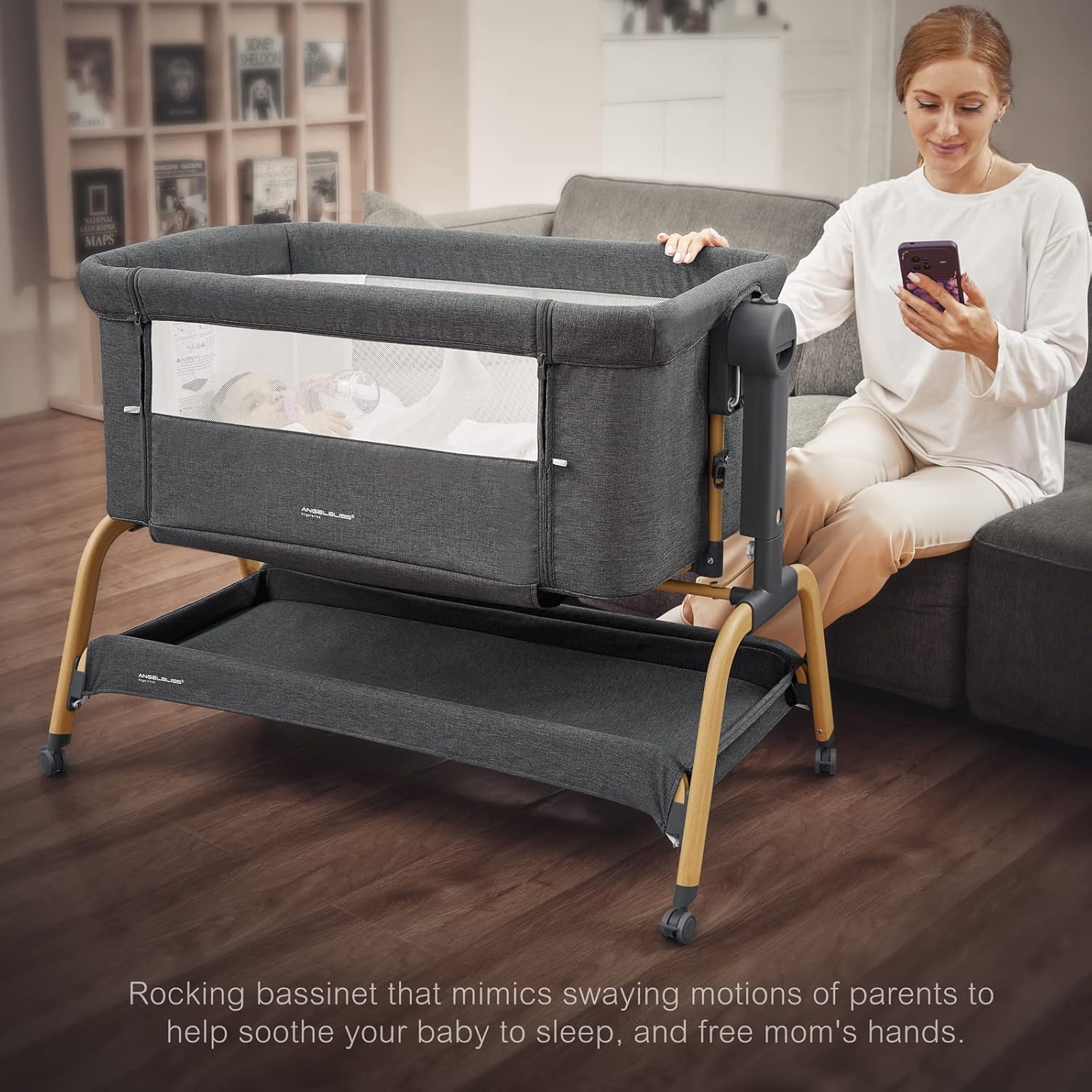 Baby Bassinet, Rocking Bassinets Bedside Sleeper with Comfy Mattress and Wheels, 6 Height Adjustable Easy Folding Portable Bedside Crib for Newborn Infant