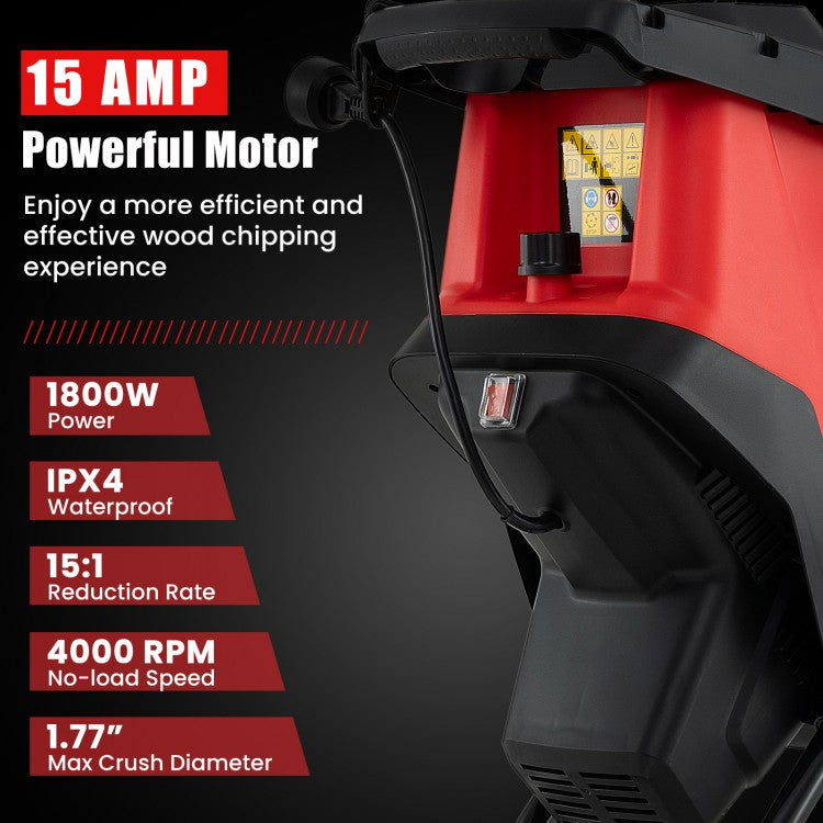 15-AMP Electric Wood Chipper and Shredder Leaf Mulcher with Wheels