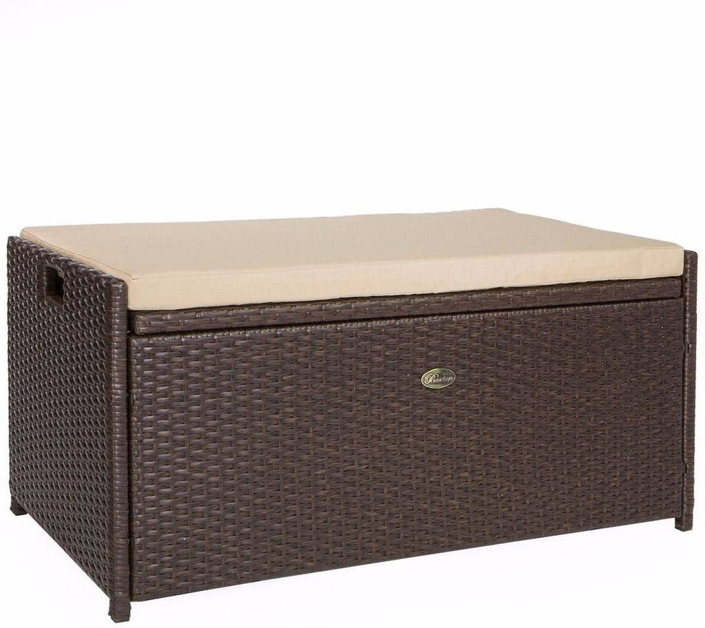 Outdoor Storage Bench Rattan Style Deck Box Wicker Patio Furniture Water Resistance w/Seat Cushion, 60-Gallon, Brown