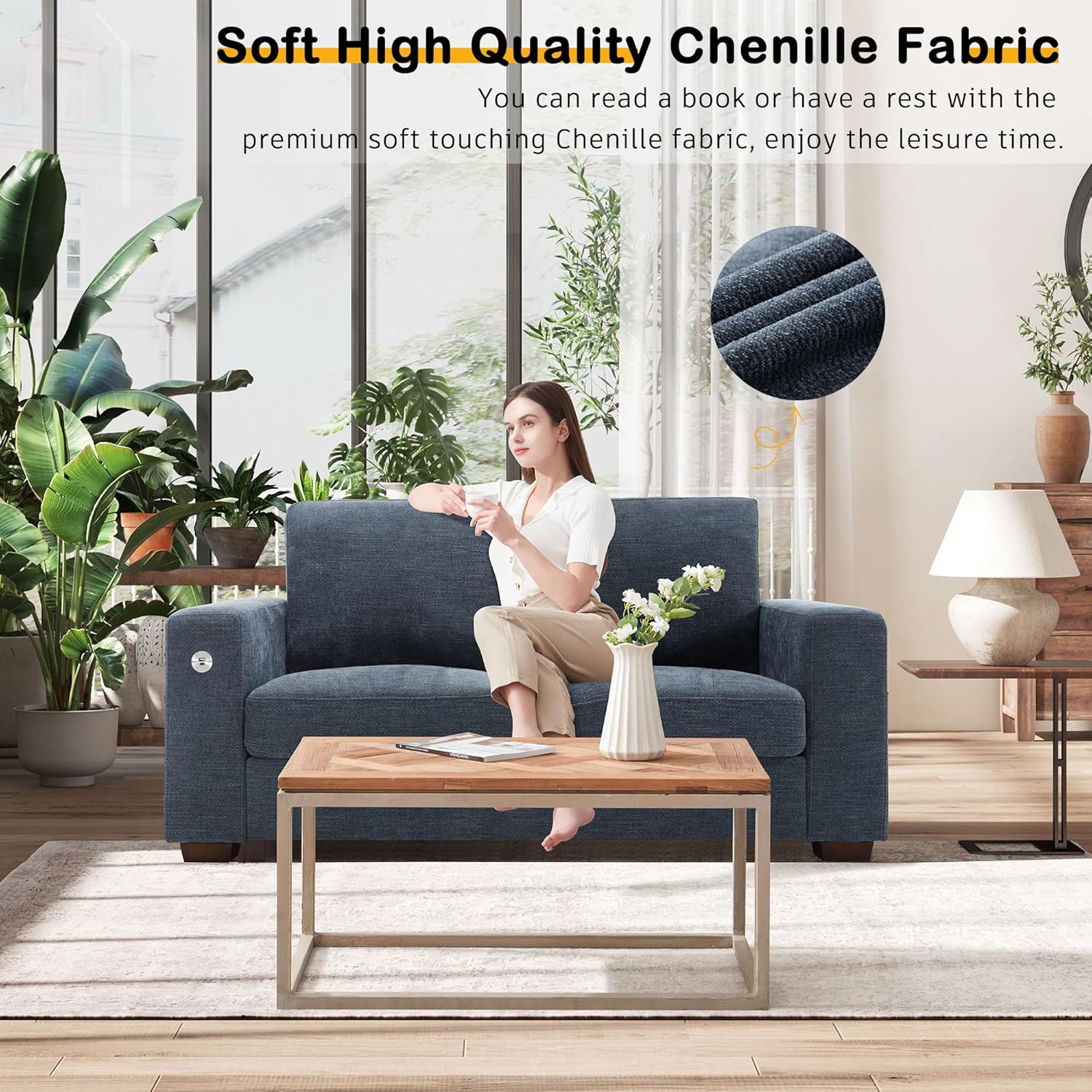 Hanherry 89" Sofa for Living Room, Modern Comfy Sofa with Medium Firm Seat Cushion, Removable Cover,Wide Armrest,USB/Type-C Port,Chenille Fabric Couches for Small Space,Apartment