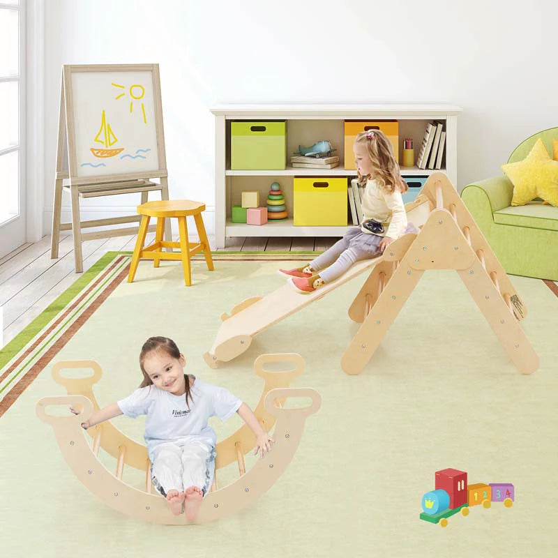 5-in-1 Montessori Wooden Climbing Toys for Toddlers, Arch Climber Ladder with Sliding Ramp, Kids Triangle Climber Play Gym Set