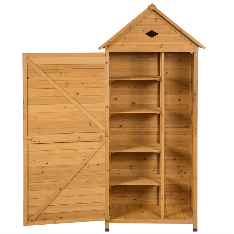63" Wood Outdoor Storage Shed Lockable Garden Tools Storage Cabinet with 5 Shelves, Galvanized Sheet Roof