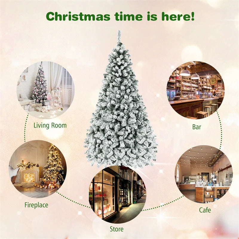 Premium Pre-Lit Snow Flocked Artificial Christmas Tree with Hinged Branch Tips & LED Lights