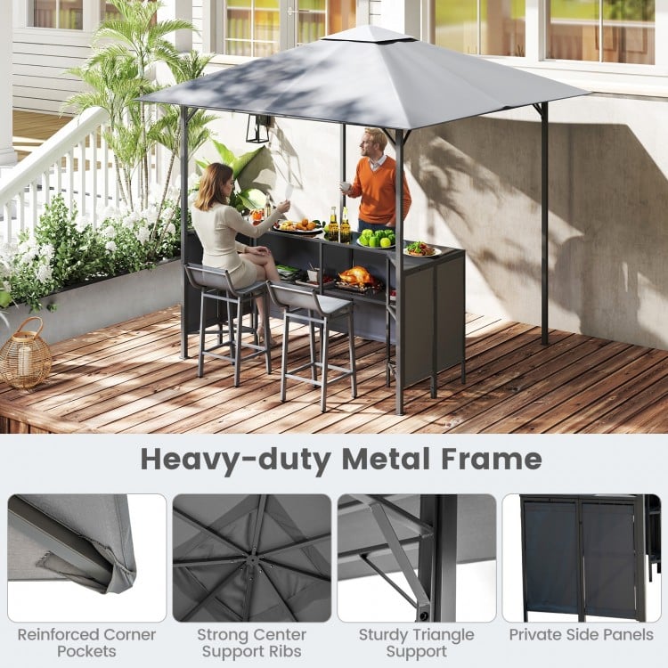 3-Piece Patio Bar Set 8 x 8 FT Double-Tier Grill Gazebo with 2 Bar Stools