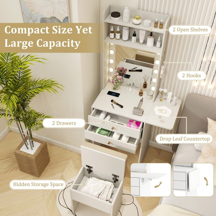 Compact Vanity Desk Set with 3-Color Lighted Mirror and Power Outlets