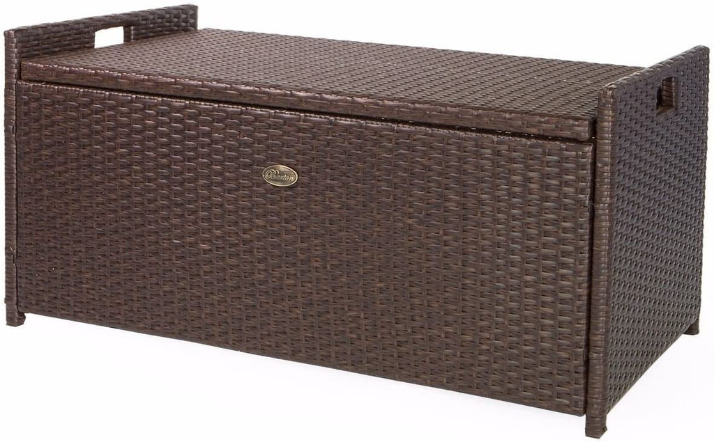 Outdoor Storage Bench Rattan Style Deck Box Wicker Patio Furniture Water Resistance w/Seat Cushion, 60-Gallon, Brown