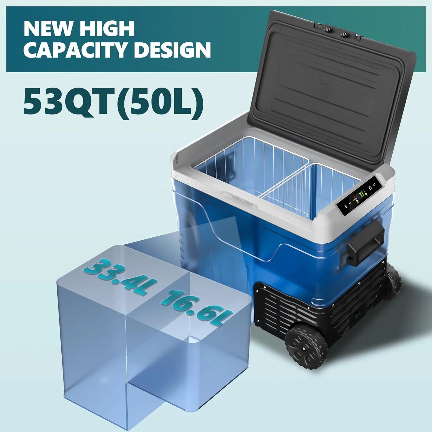 12 Volt Refrigerator, 53QT(50L) Electric Cooler, Portable Freezer 12V/24V DC 110-240V AC, 12V Fridge -4�H~68�H, 12V Cooler with Wheels & 2 Baskets for Travel, Truck, Boat, Camping