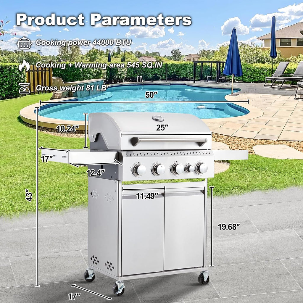 Upgraded 4 Burner BBQ Propane Gas Grill with Cast Iron Grates & Side Stove, 44,000 BTU Stainless Steel Burner Barbecue Grill for Patio, Camping, Outdoor Cooking MELLCOM