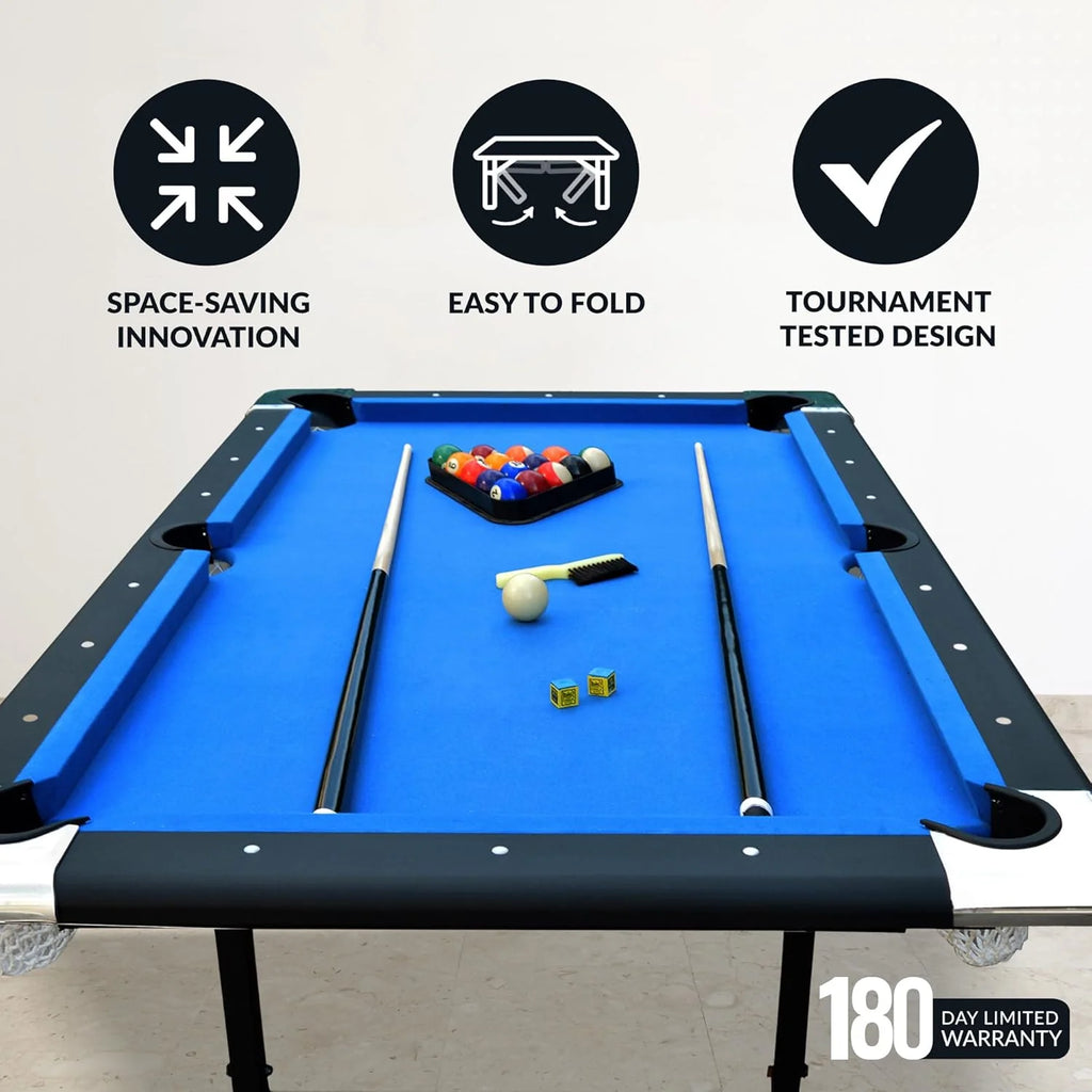 Hathaway Fairmont 6 Ft Portable Pool Table, Adults Folding Billiards Tables for Game Room with Easy Foldable Storage, Includes Full Set of Billiard Balls, Cues, Chalk & Brush