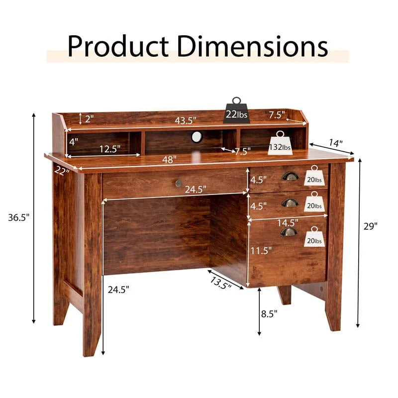 48" Vintage Home Office Desk, Executive Computer Desk Study Desk with 4 Storage Drawers & Hutch