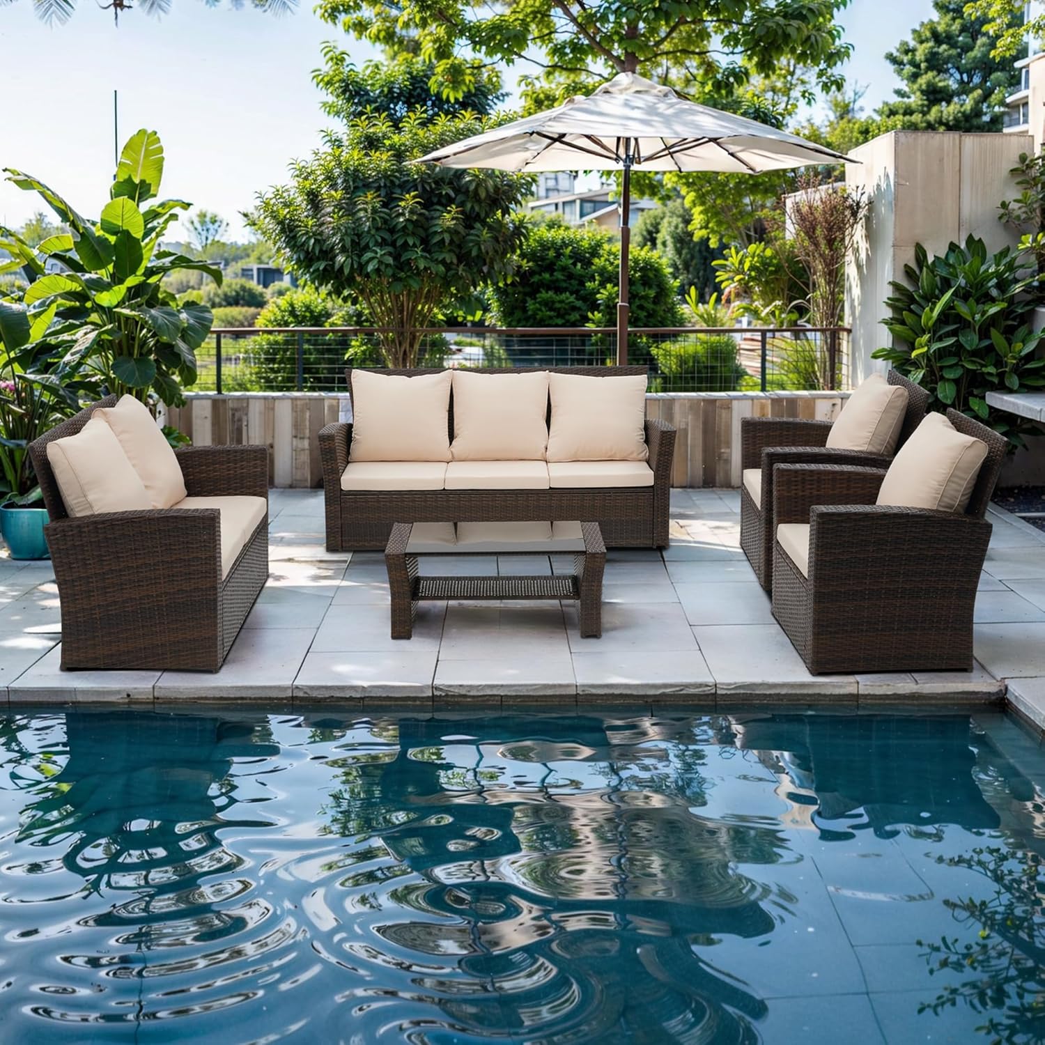 Wisteria Lane 4 Piece Outdoor Patio Furniture Sets, Wicker Conversation Set for Porch Deck, Grey Rattan Sofa Chair with Cushion ��Blue