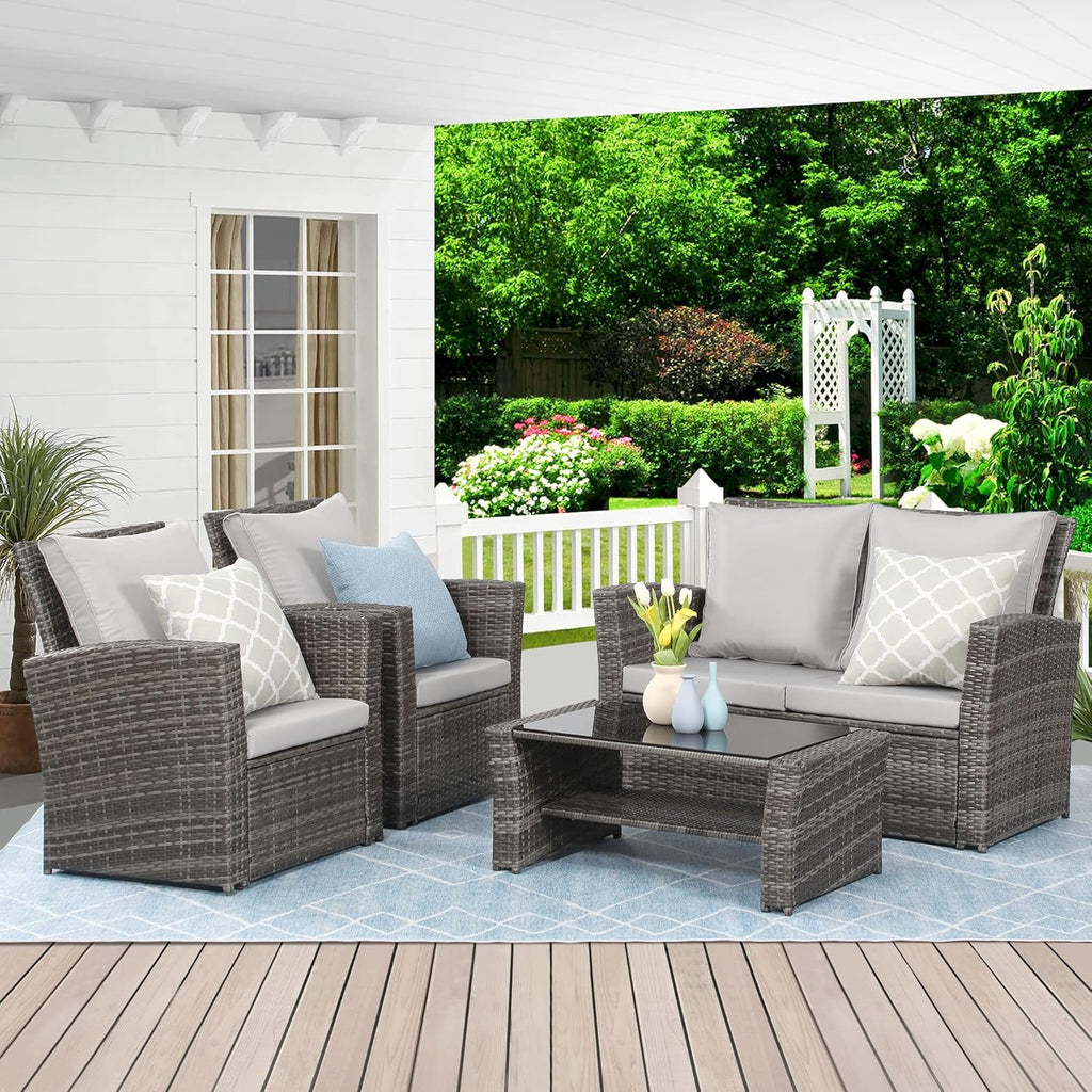 Wisteria Lane 4 Piece Outdoor Patio Furniture Sets, Wicker Conversation Set for Porch Deck, Grey Rattan Sofa Chair with Cushion ��Blue