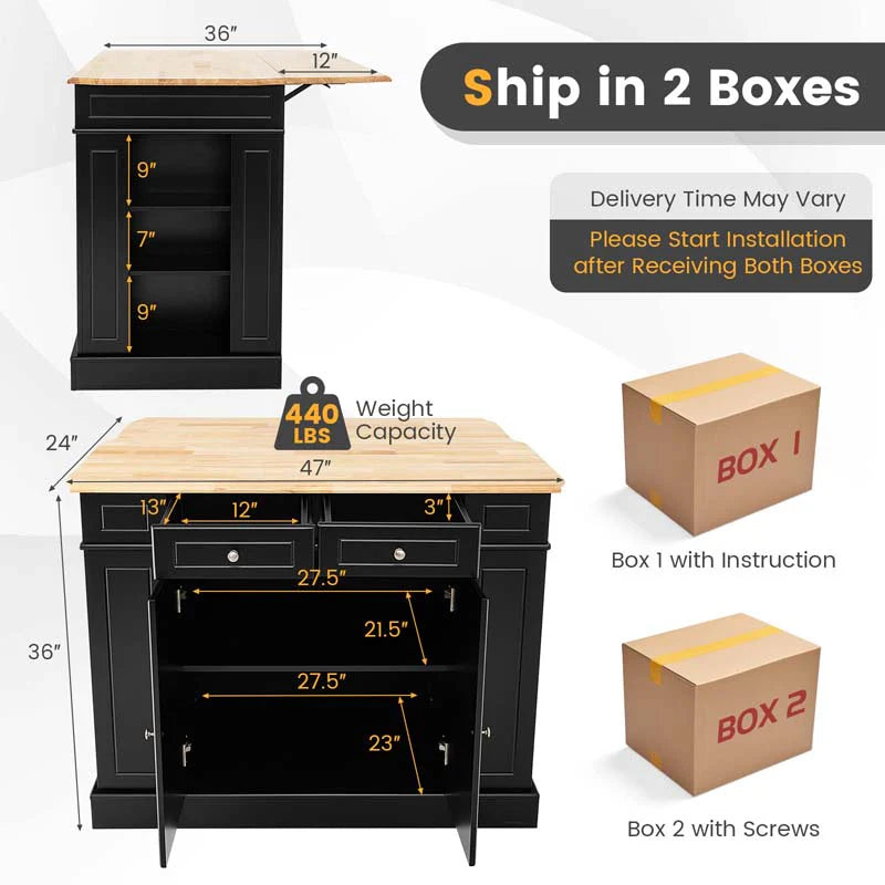 47" x36" x36" Rubber Wood Top Kitchen Island with Drop Leaf, 2 Drawers, Kitchen Storage Cabinets, Spice Racks, Adjustable Shelves
