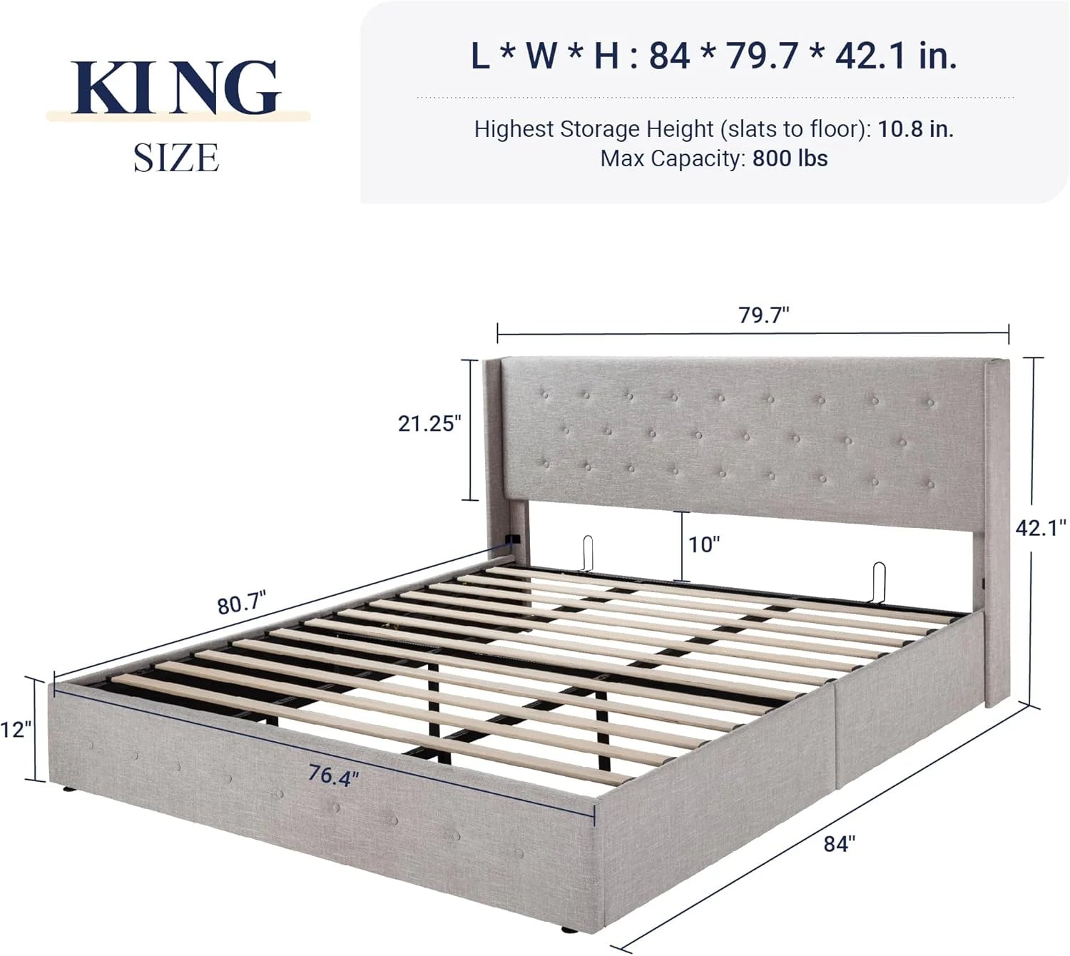 Allewie Queen Size Lift Up Storage Bed, Modern Wingback Headboard, Hydraulic Support, No Box Spring Needed, Light Beige
