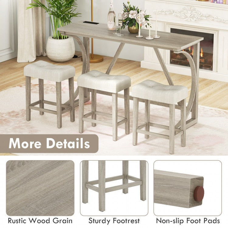 4-Piece Bar Table Set with Power Outlet and Upholstered Saddle Seat Stools