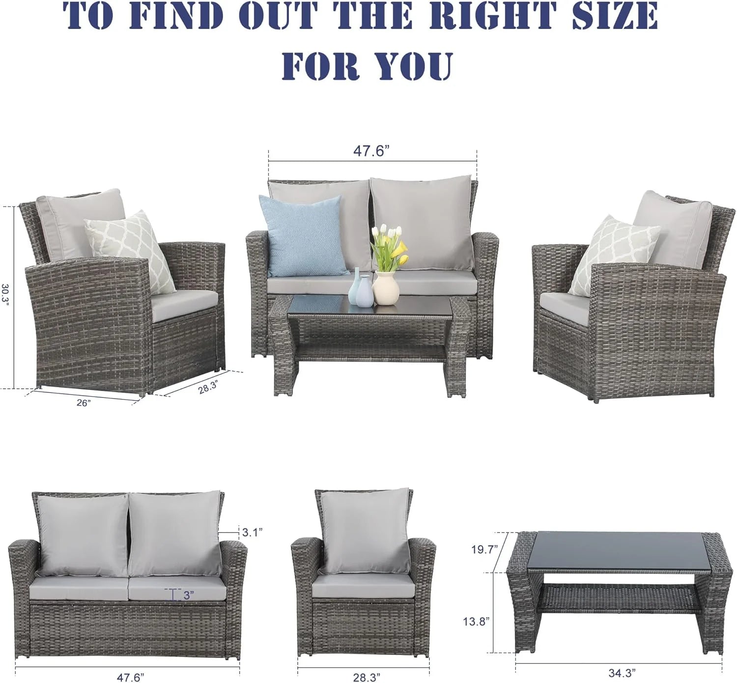 Wisteria Lane 4 Piece Outdoor Patio Furniture Sets, Wicker Conversation Set for Porch Deck, Grey Rattan Sofa Chair with Cushion ��Blue