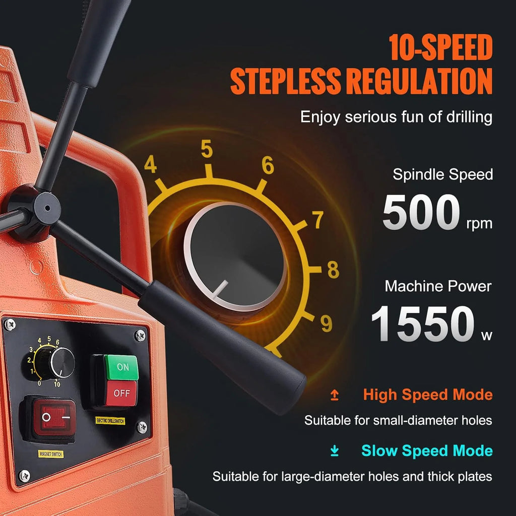 Mag Drill Press, 1550W 2" Boring Diameter, 2922lbf Power Magnetic Drill, 500 PRM, 10-Speed, Electric Drilling Machine for Metal Surface, Industrial and Home Improvement