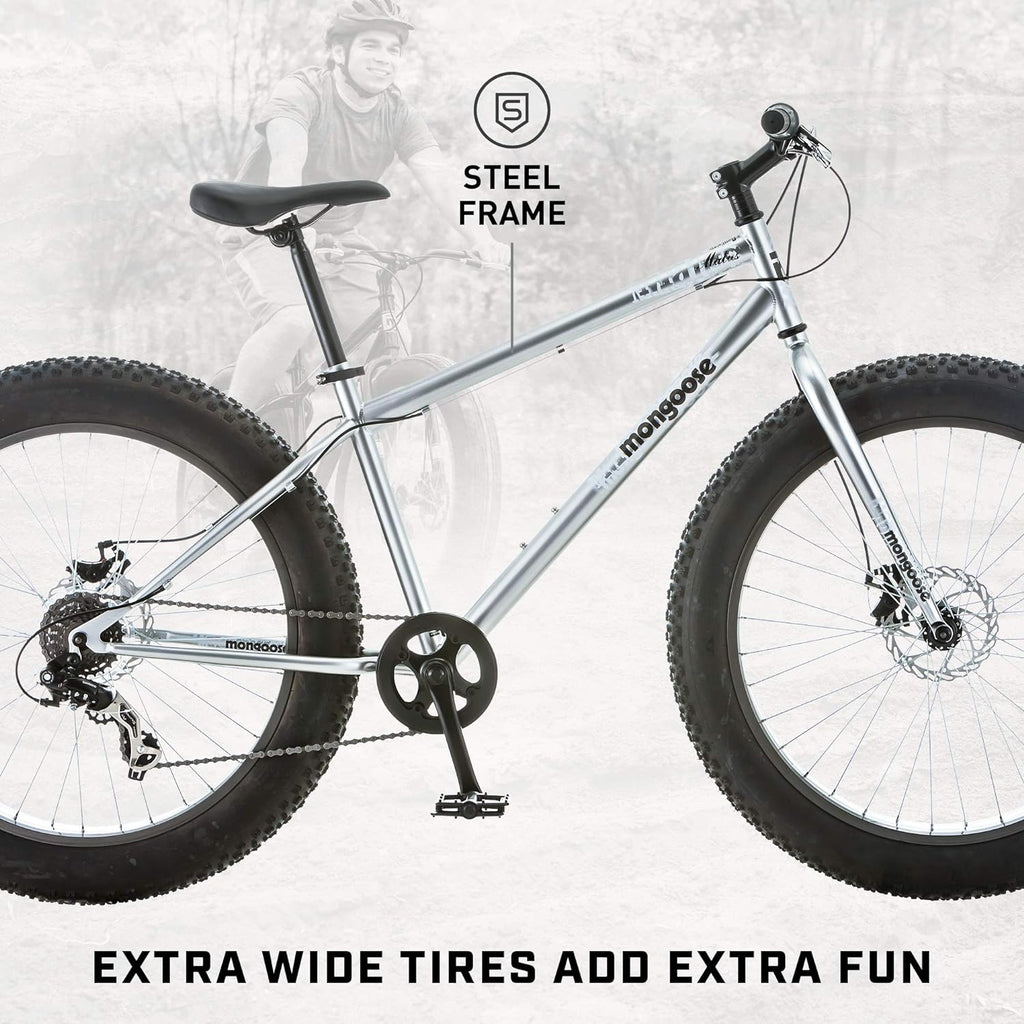 Mongoose Malus Mens and Women Fat Tire Mountain Bike, 26-Inch Bicycle Wheels, 4-Inch Wide Knobby Tires, Steel Frame, 7 Speed Drivetrain, Shimano Rear Derailleur, Disc Brakes