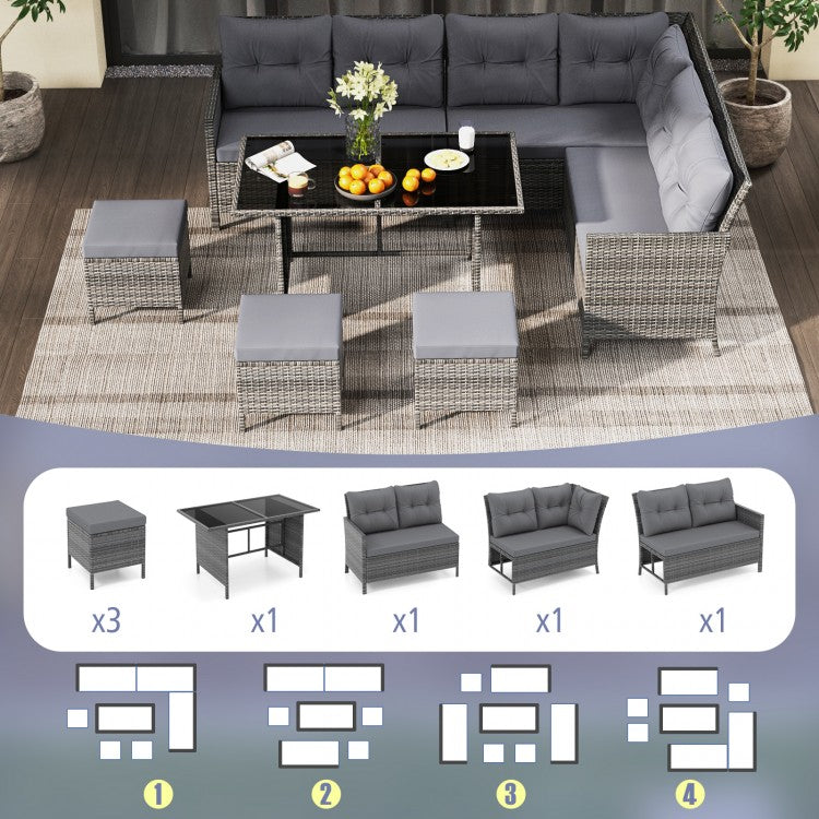 7 Pieces Patio Dining Furniture Set with Soft Cushions and Ottomans