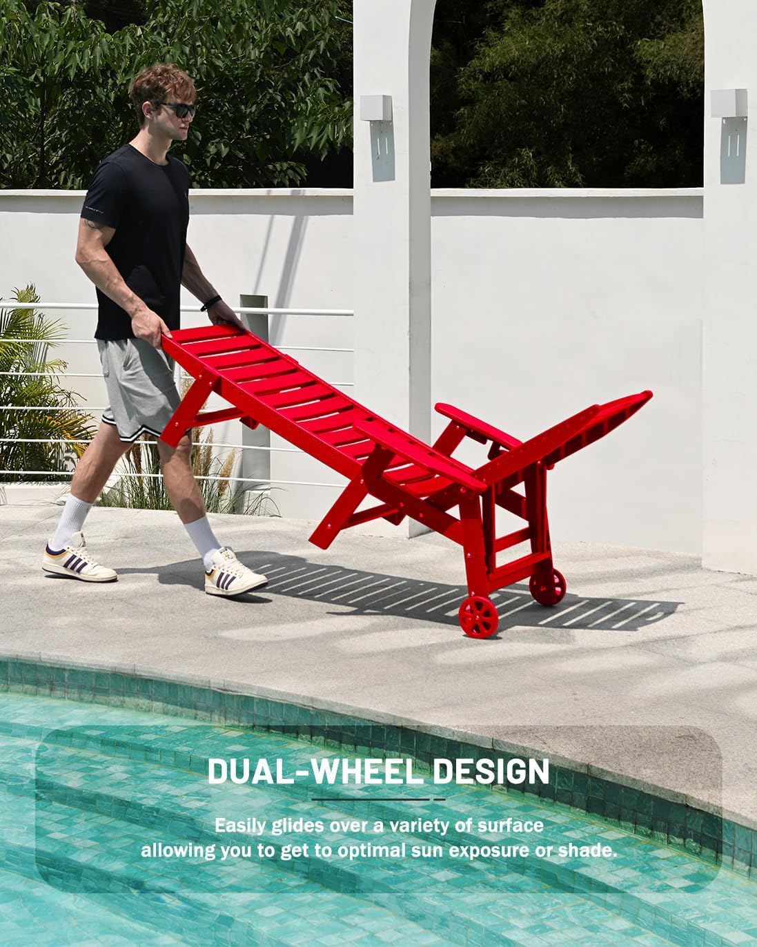 Lounge Chair Outdoor, Chaise Lounge, HDPE 6-Position Outdoor Chaise Lounge, Patio Lounge Chair with Wheels & Cup Holder for Pool Poolside Deck Backyard, Teak