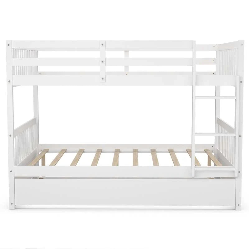 Solid Wood Full Over Full Bunk Bed Frame with Trundle, Safety Ladder & Guardrails, Convertible Bunk Bed for Kids Teens