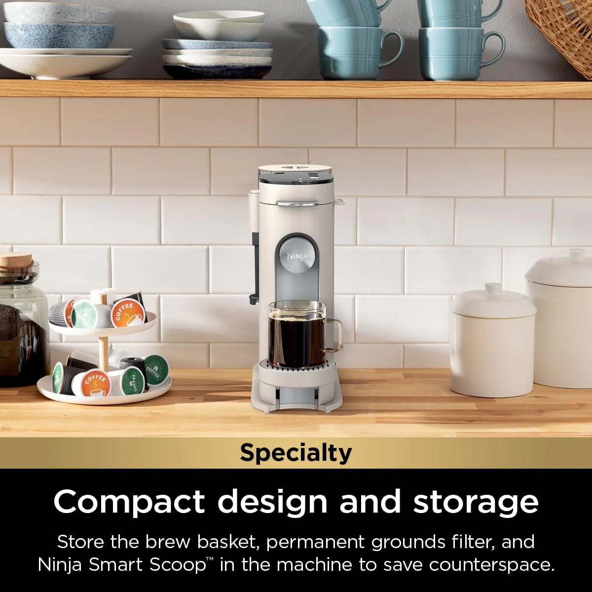 Ninja Pods & Grounds Single-Serve Coffee Maker, K-Cup Pod Compatible, Brews Grounds, Compact Design, 56-oz. Reservoir, 6-oz. Cup to 24-oz. Travel Mug Brew Sizes, Iced Coffee Maker, Stone, PB041ST