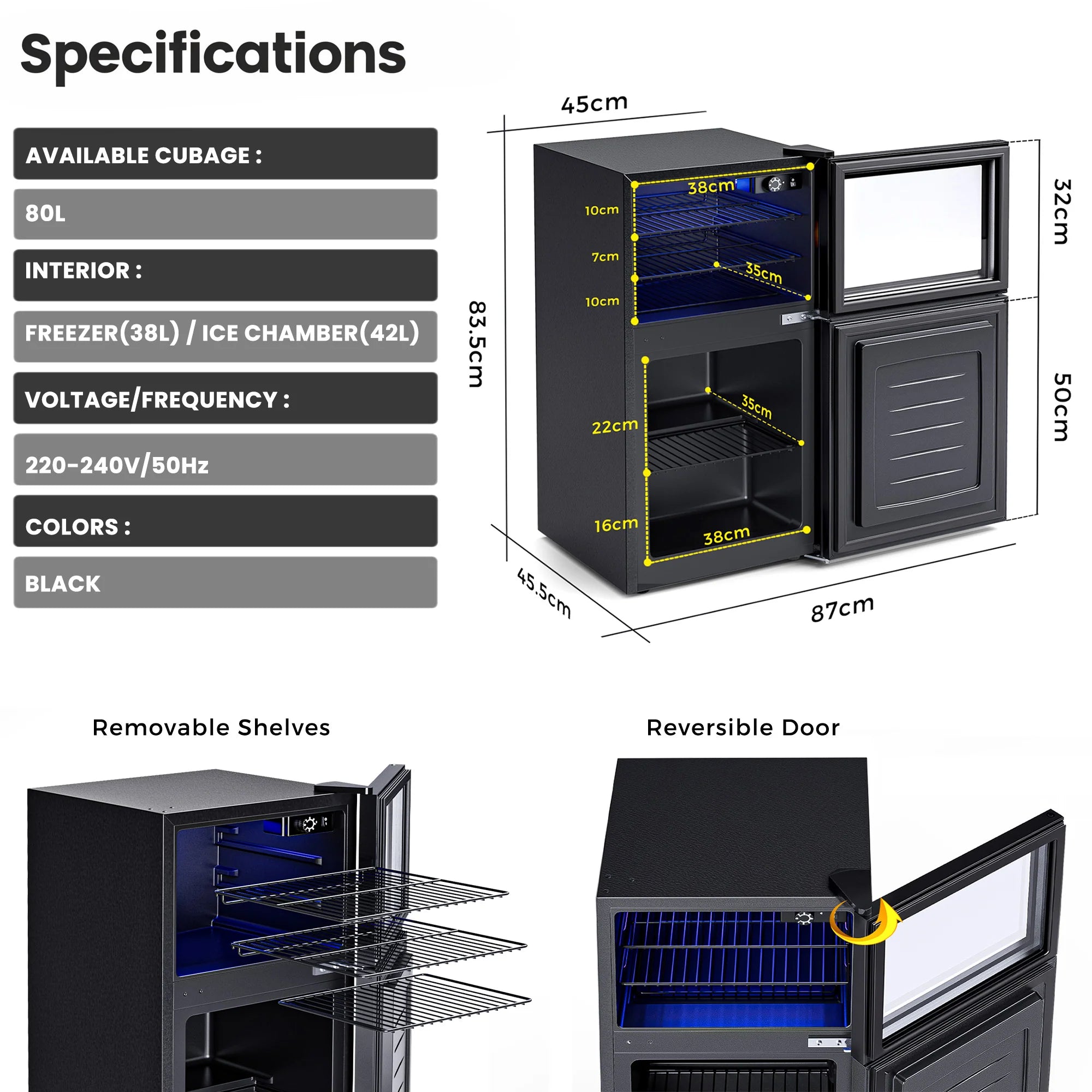 80L 2-Door Mini Fridge with Freezer
