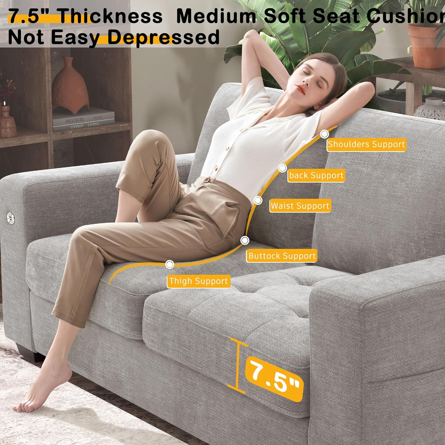 Hanherry 89" Sofa for Living Room, Modern Comfy Sofa with Medium Firm Seat Cushion, Removable Cover,Wide Armrest,USB/Type-C Port,Chenille Fabric Couches for Small Space,Apartment