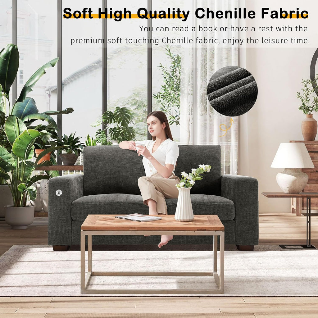 Hanherry 89" Sofa for Living Room, Modern Comfy Sofa with Medium Firm Seat Cushion, Removable Cover,Wide Armrest,USB/Type-C Port,Chenille Fabric Couches for Small Space,Apartment