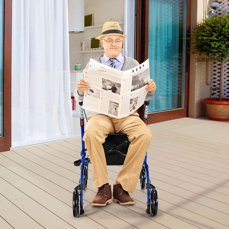 2 in 1 Folding Rollator Walker with Seat & 8" Wheels, Medical Walker Rolling Chair Mobility Walking Aid