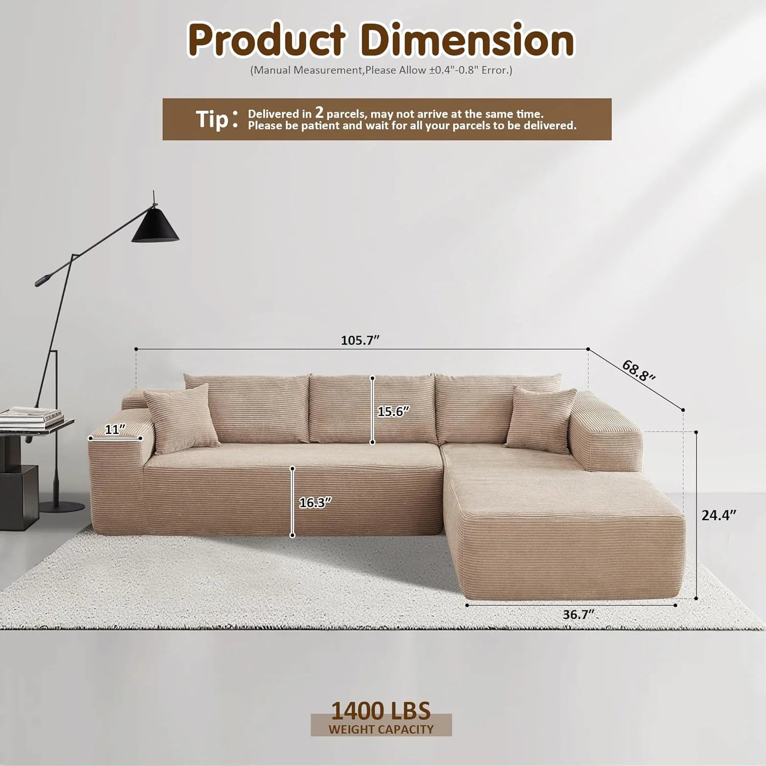 ovios 104" Cloud Sectional Couch with L-Shape Chaise,Modern Modular Sofa with Deep Seat, Upholstered Couches for Living Room Bedroom,No Assembly Required, Black (Corduroy Fabric)