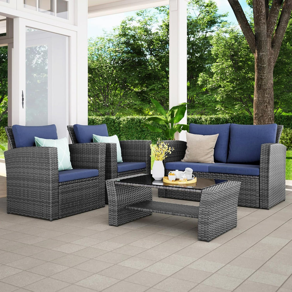 Wisteria Lane 4 Piece Outdoor Patio Furniture Sets, Wicker Conversation Set for Porch Deck, Grey Rattan Sofa Chair with Cushion ��Blue