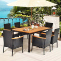 7 Pcs Rattan Patio Dining Set with Umbrella Hole, Acacia Wood Tabletop & Cushioned Stackable Armchairs