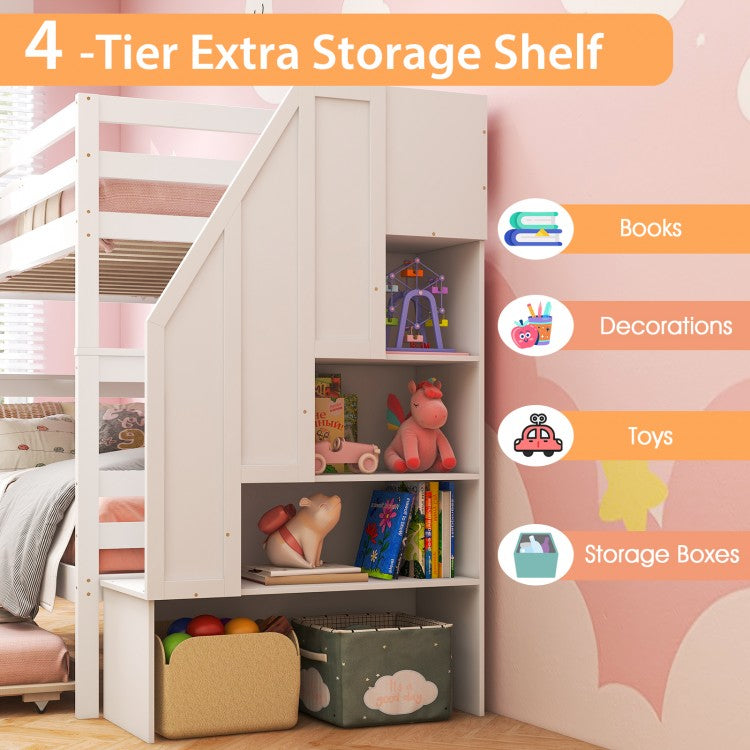 Home Wood Bunk Bed with Guard Rail and 4-step Storage Stairs No Box Spring Needed