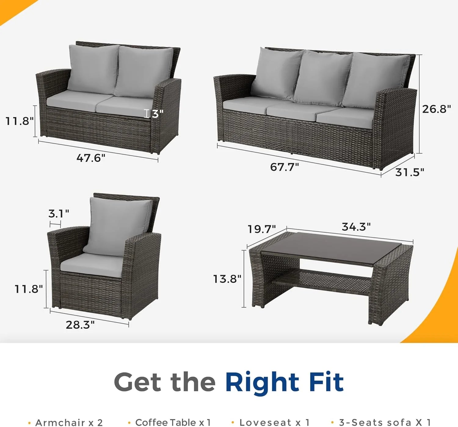 Wisteria Lane 4 Piece Outdoor Patio Furniture Sets, Wicker Conversation Set for Porch Deck, Grey Rattan Sofa Chair with Cushion ��Blue